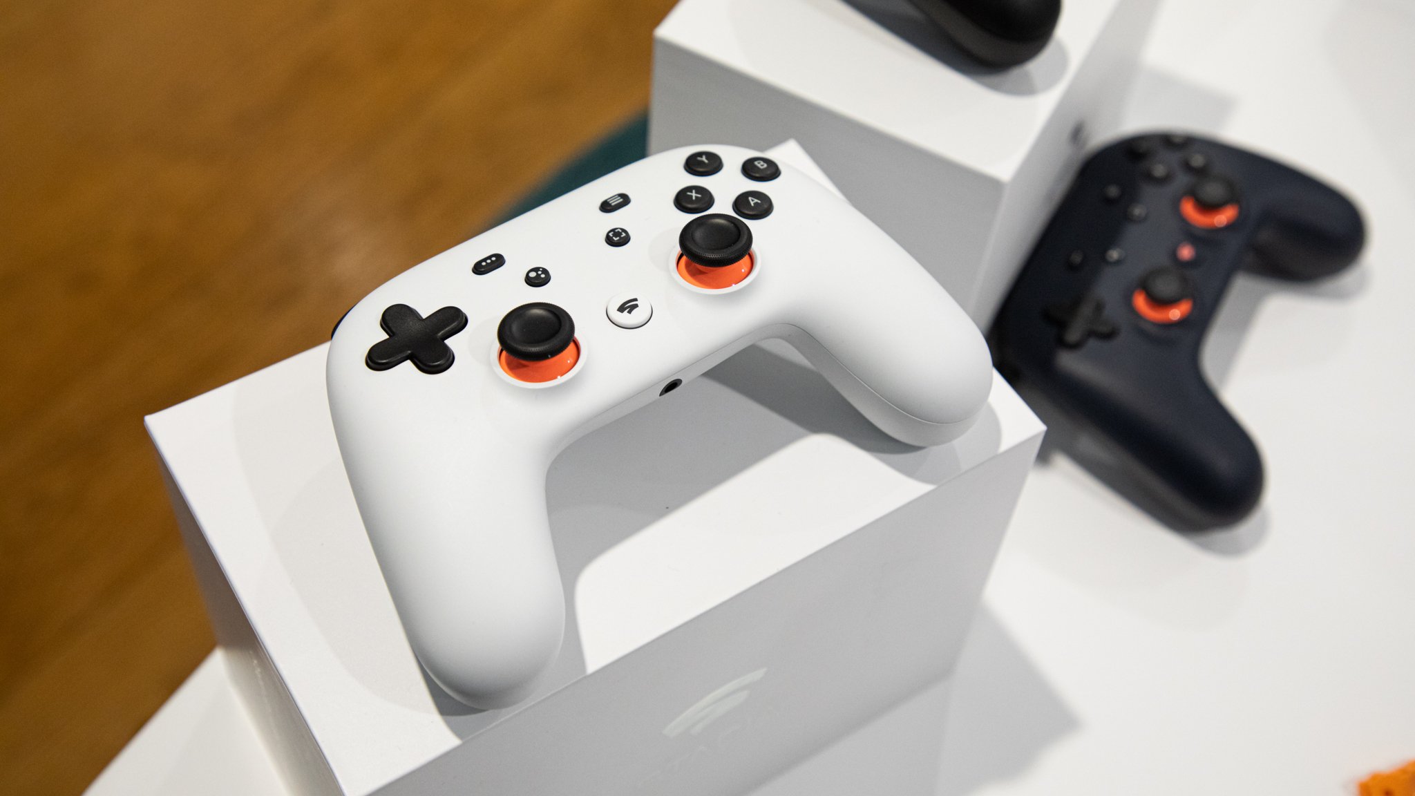 A Google Stadia controller on display